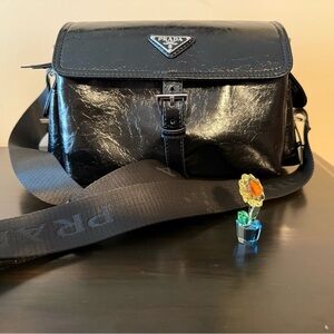 NEW Black Shiny Shoulder Crossbody Messenger Bag with Silver Hardware
